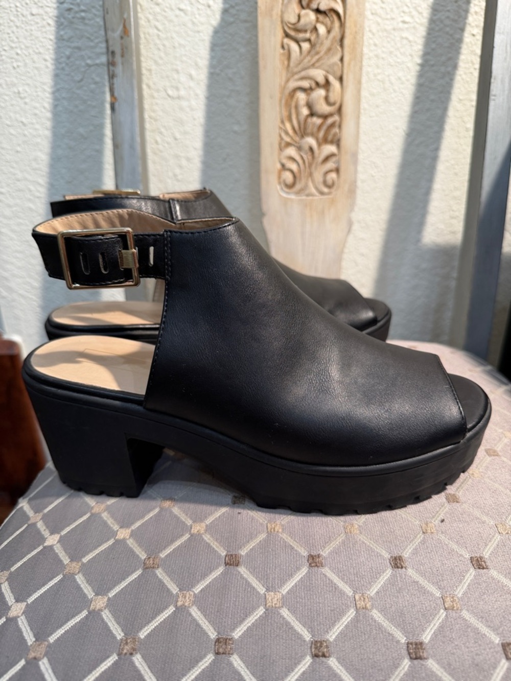 Topshop Black Leather Peep-Toe Platform Slingback Clogs